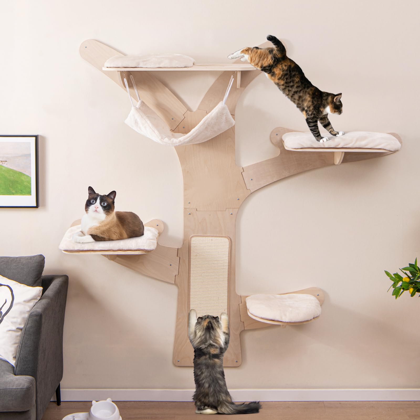 Tangkula Wall Mounted Cat Tree Furniture with 4 Padded Platforms